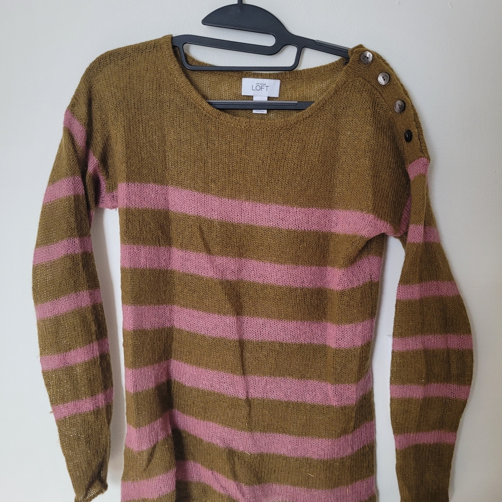 LOFT Olive and Pink Striped Sweater with Button Detail